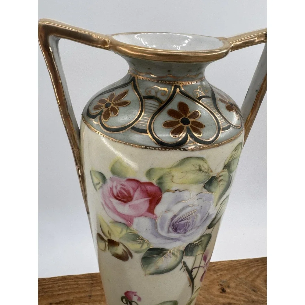 Double Handle Vase Antique Hand Painted Nippon Floral Roses Gold Gilt Porcelain
